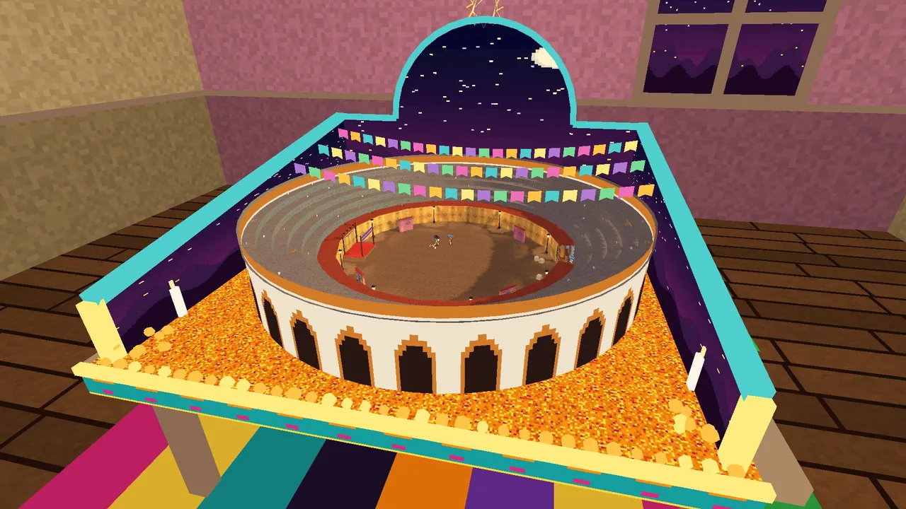 La Cajita in VR: a tiny bullring inside a painted box on a table, the band brawling inside