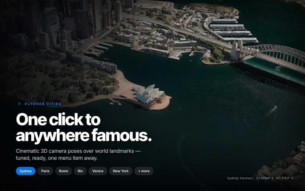 Flyover Cities — ten hand-tuned cinematic cameras Flyover Cities — ten hand-tuned cinematic cameras