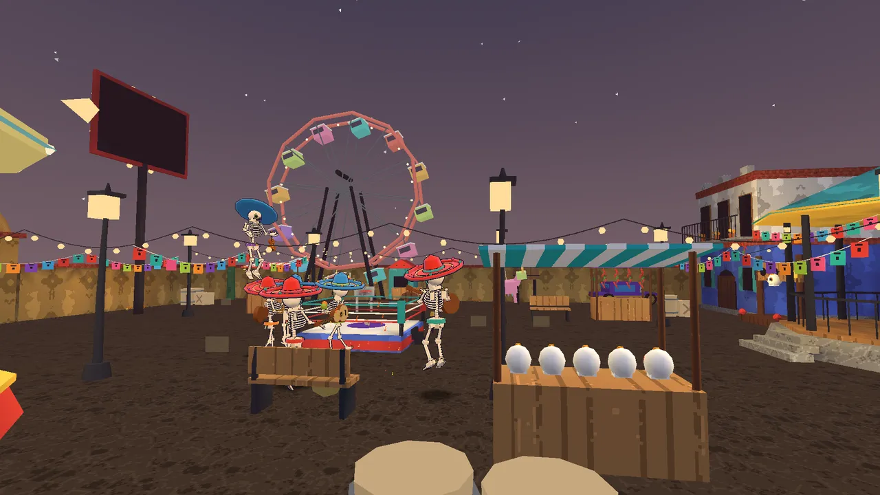 The fairground: a ferris wheel, stalls and skeleton musicians