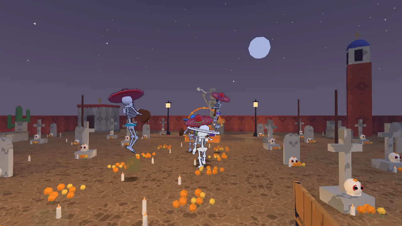 The cemetery under a full moon, marigolds on the graves